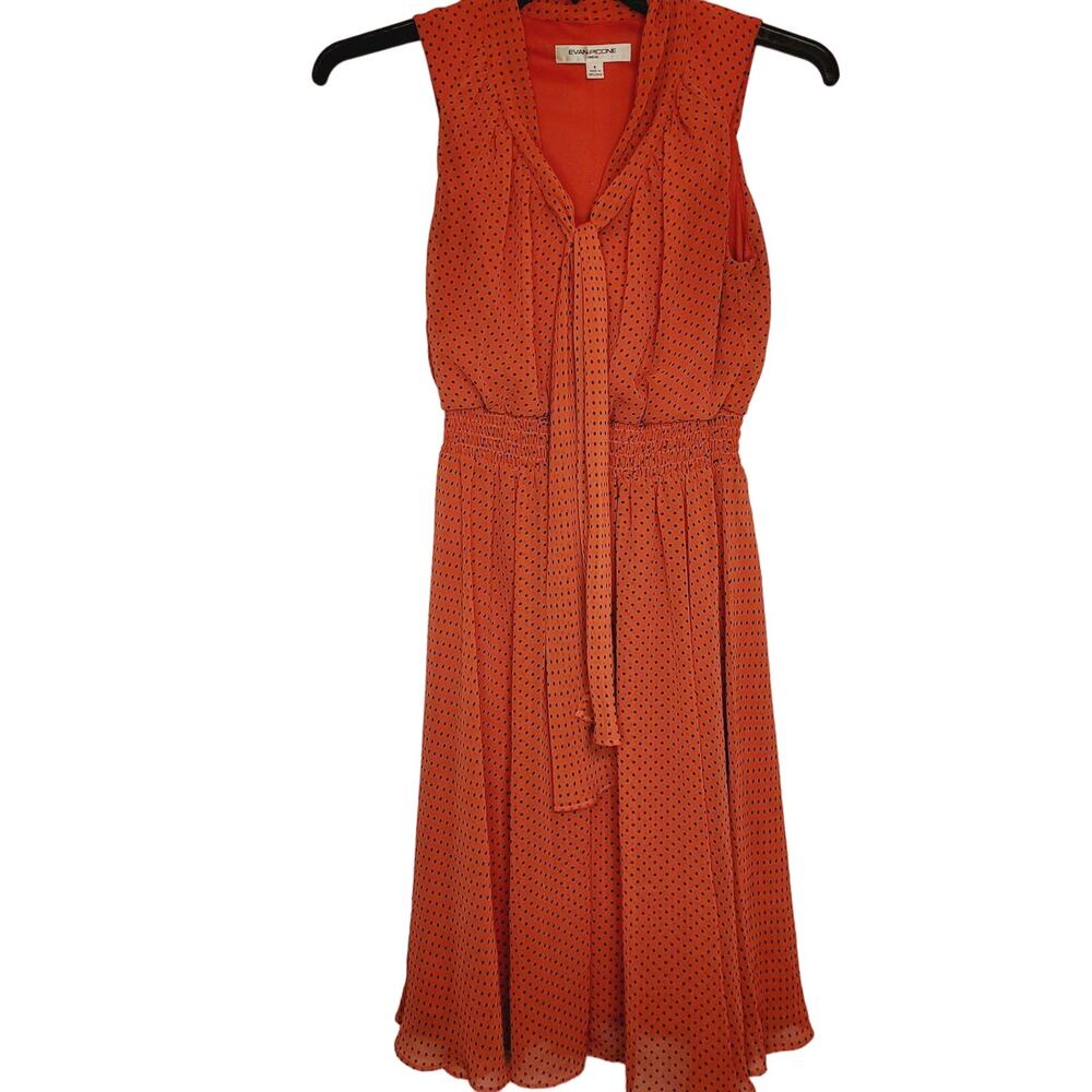 Evan Picone Orange Polka-Dot Tie Neck Midi Dress Size 6 Retro Feminine Romantic